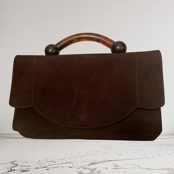 Vintage Bakelite Tortoise Handle Brown Suede Handbag Clutch Purse Evening Bag - Picture 1 of 3